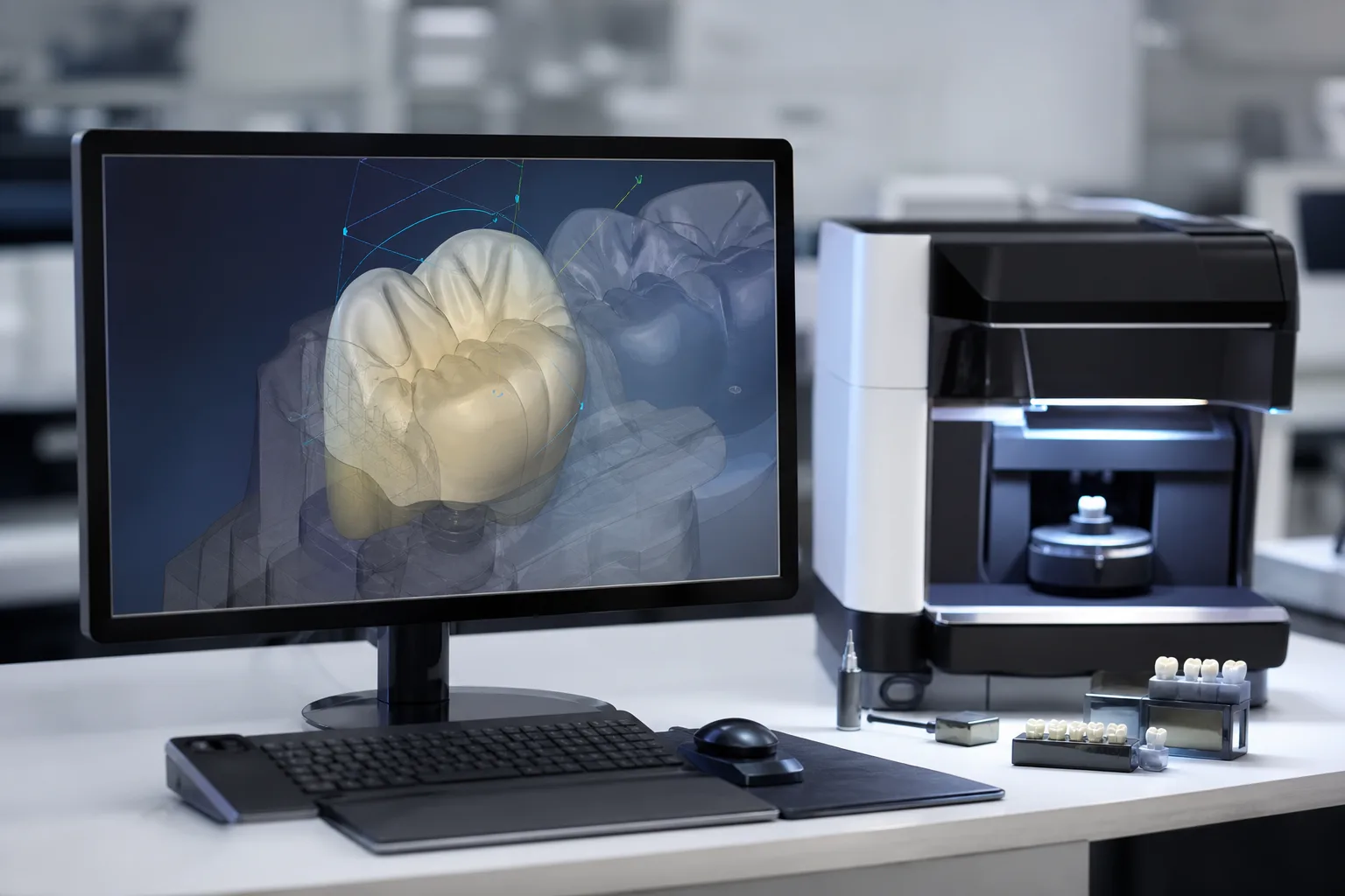 Monitor mit digitalem 3D-Zahnmodell neben Dentalgerät im Labor