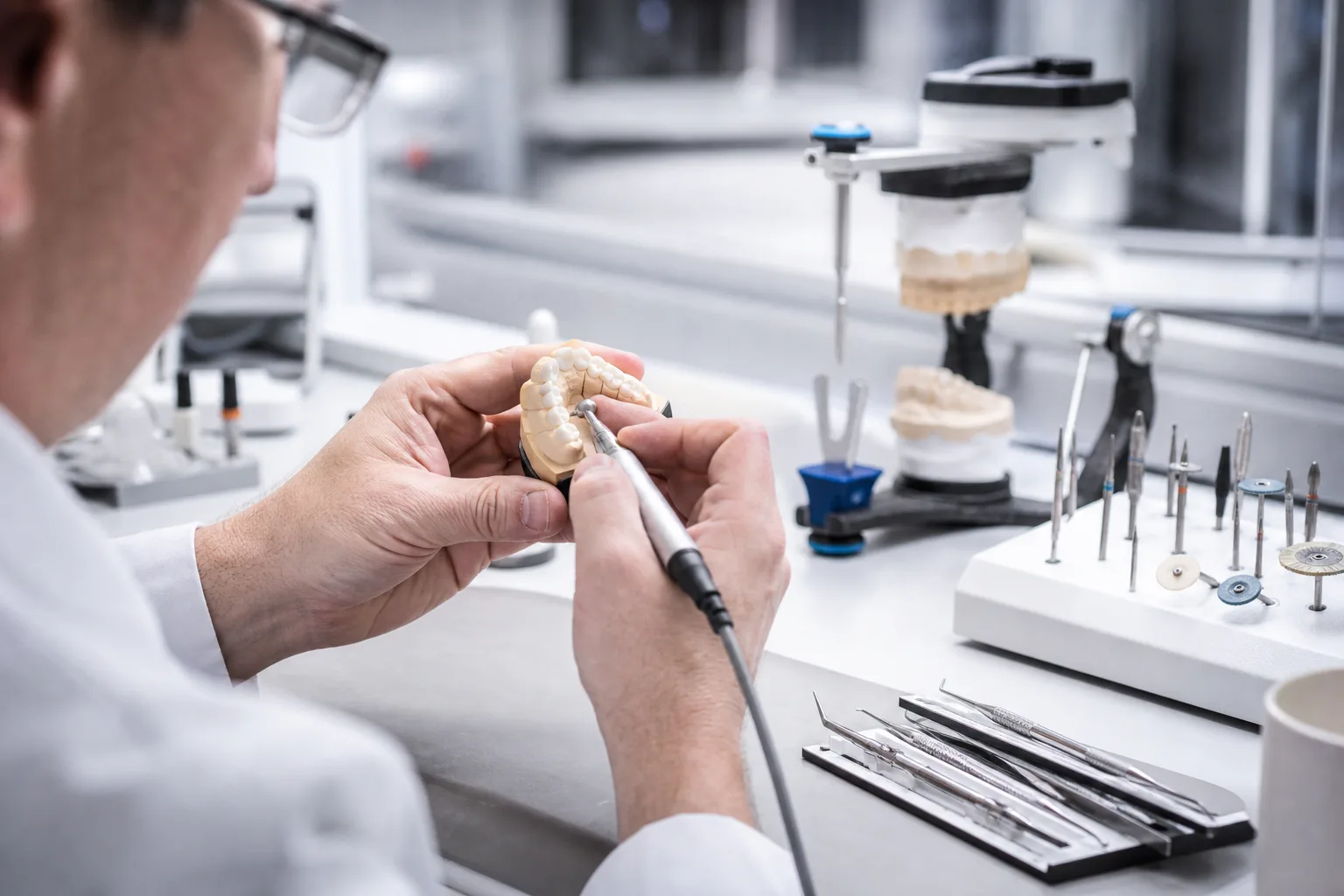 Zahntechniker arbeitet präzise an einer Prothese am Laborarbeitsplatz